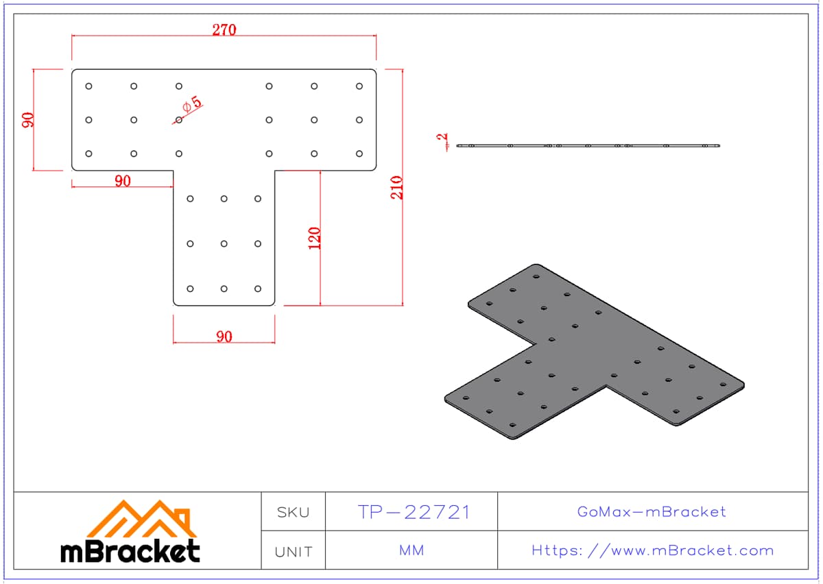 T-Connector for Beam-to-Column Connections, Wood and Light Steel Structure Hardware - 2*90*270*210 Product Dimensions