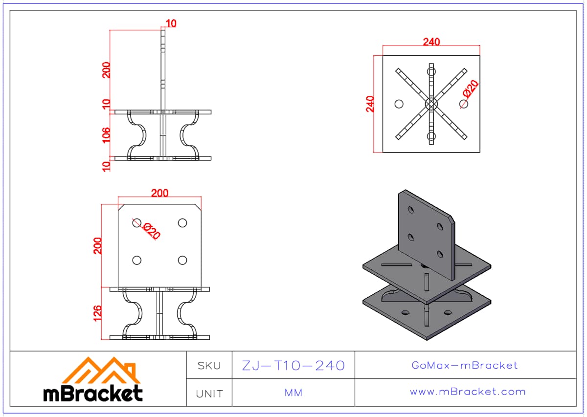 Glulam Column Base Connector, Timber Post Base Hardware - 10*240*240*326 Product Dimensions