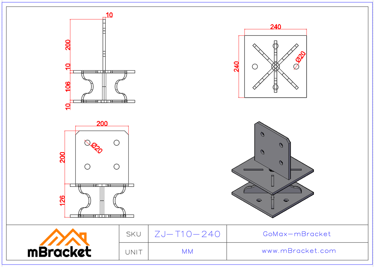 Glulam Column Base Connector, Timber Post Base Hardware - 10*240*240*326 Product Dimensions