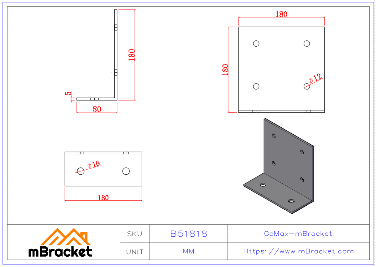 Heavy-Duty Angle Bracket Thickened Wood Structure Connector - 5*180*80*180 Product Dimensions