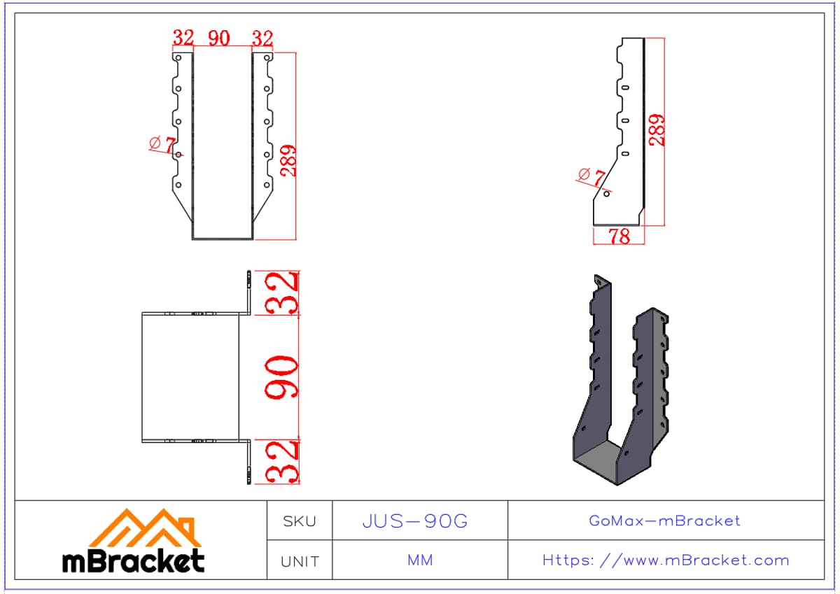 Joist Hanger - U-Bracket for Horizontal Connection of Joists and Beams, Timber Connector - 2*90*289 Product Dimensions
