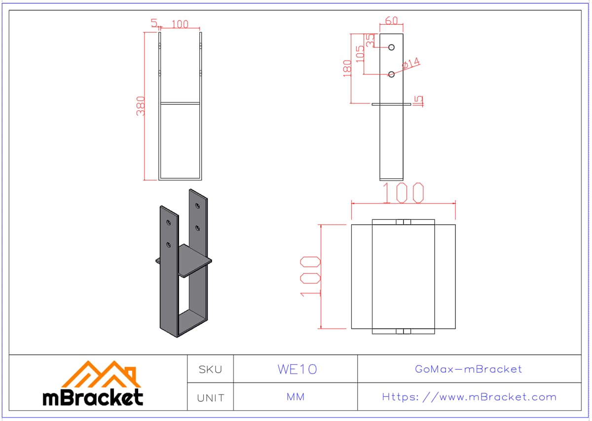 Fixed Column Embedment Base, Column Base Connector, Steel Structure Embedded Base - 5*100*380 Product Dimensions