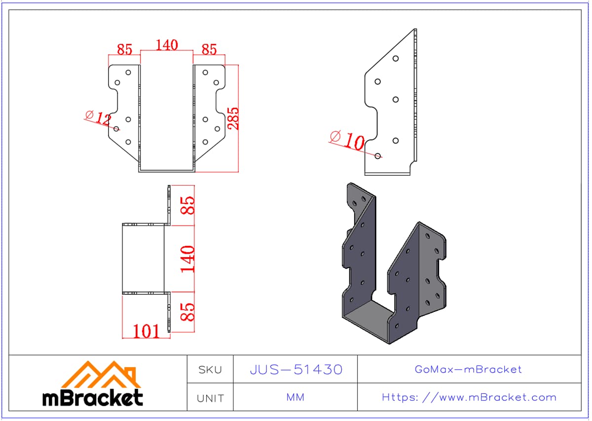 Heavy-Duty Joist Hanger Glulam Beam Connector Steel Structure Reinforcement Hardware - 5*140*300 Product Dimensions