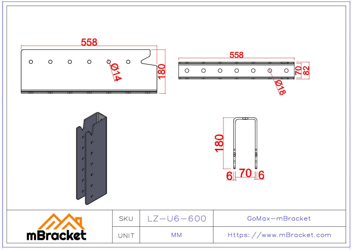 Concealed U-Shaped Beam-to-Column Connector for Japanese Timber Frame Construction - 6*82*558 Product Dimensions