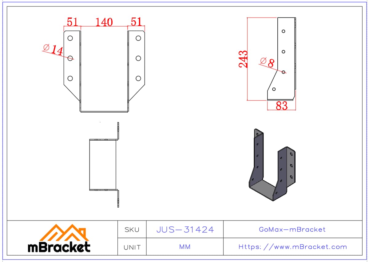 Custom Joist Hanger for Wood and Light Steel Connections - 3*140*240 Product Dimensions