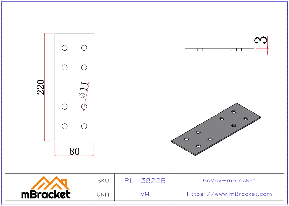 Flat Connector Plate Nail Plate Truss Connector Wood Roof Metal Hardware - 3*80*220 Product Dimensions