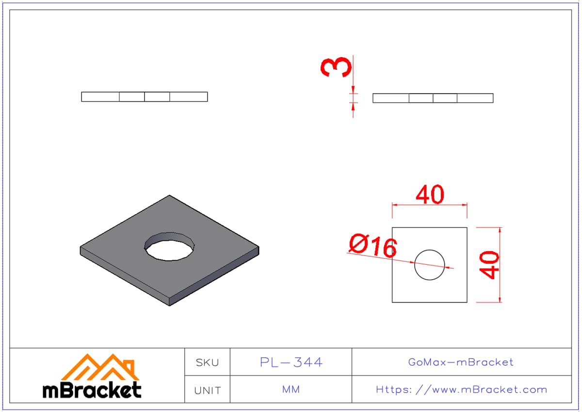 Square Flat Washer, Oversized Thick Washer, Structural Steel Washer - 3*40*40 Product Dimensions