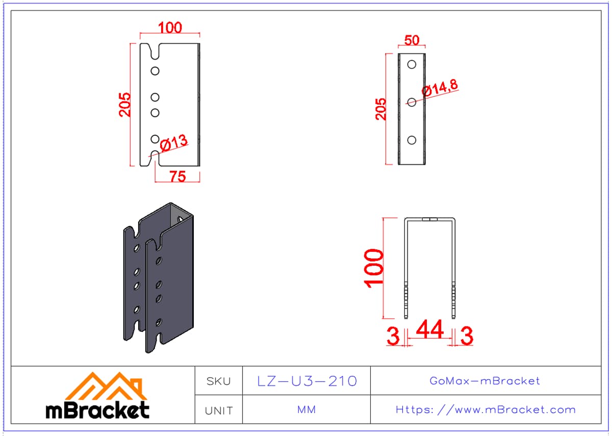 Concealed U-Shaped Beam-to-Column Connector for Japanese Timber Construction - 3*50*205 Product Dimensions