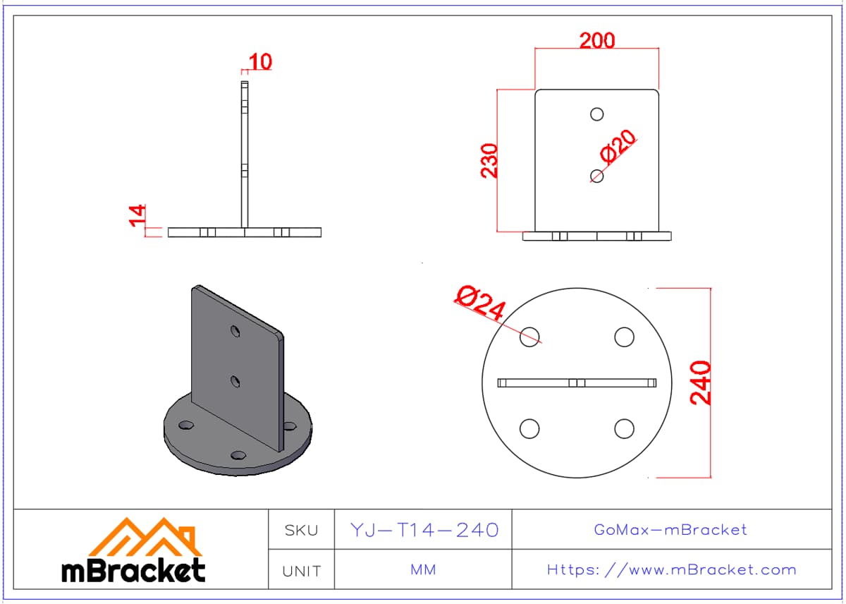 Round Column Base Concealed T-Connector - 14*240*240 Product Dimensions