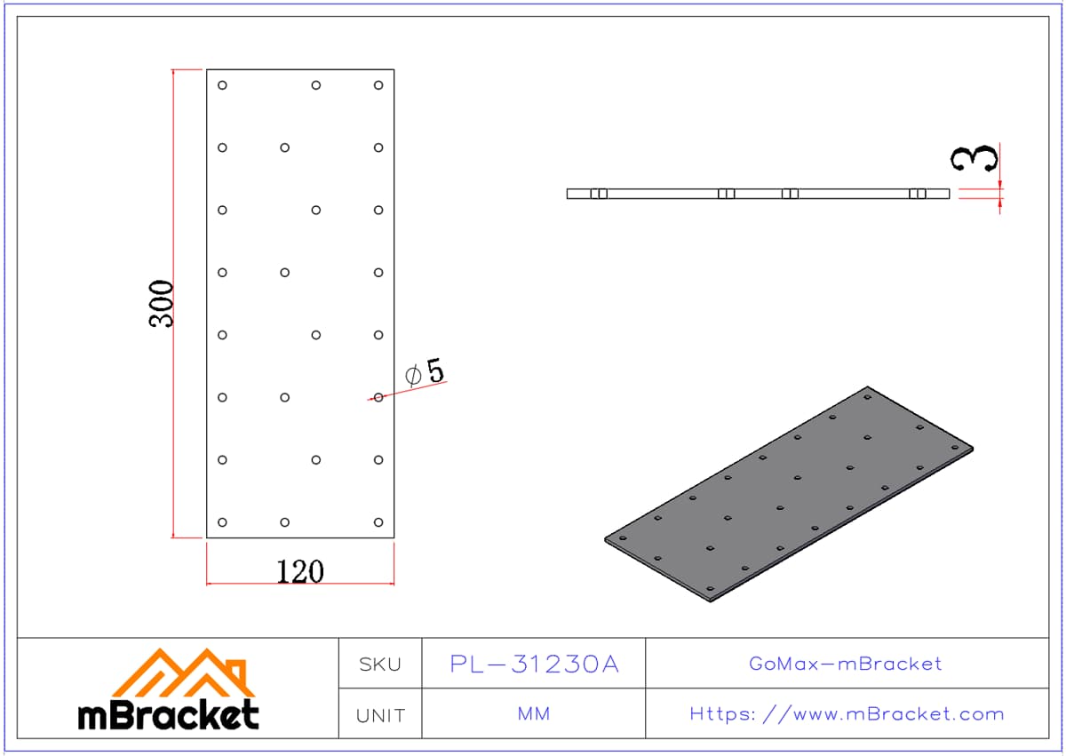 Flat Connector Plate, Nail Plate, Truss Connector, Wood Roof Metal Hardware - 3*120*300 Product Dimensions