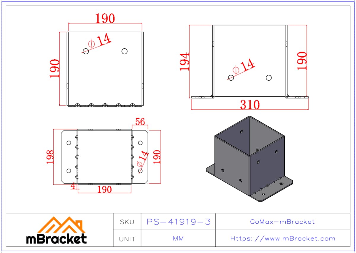 Square Post Base Connector 190x190 Column Base Concrete Foundation Fastener - 4*190*190*190 Product Dimensions