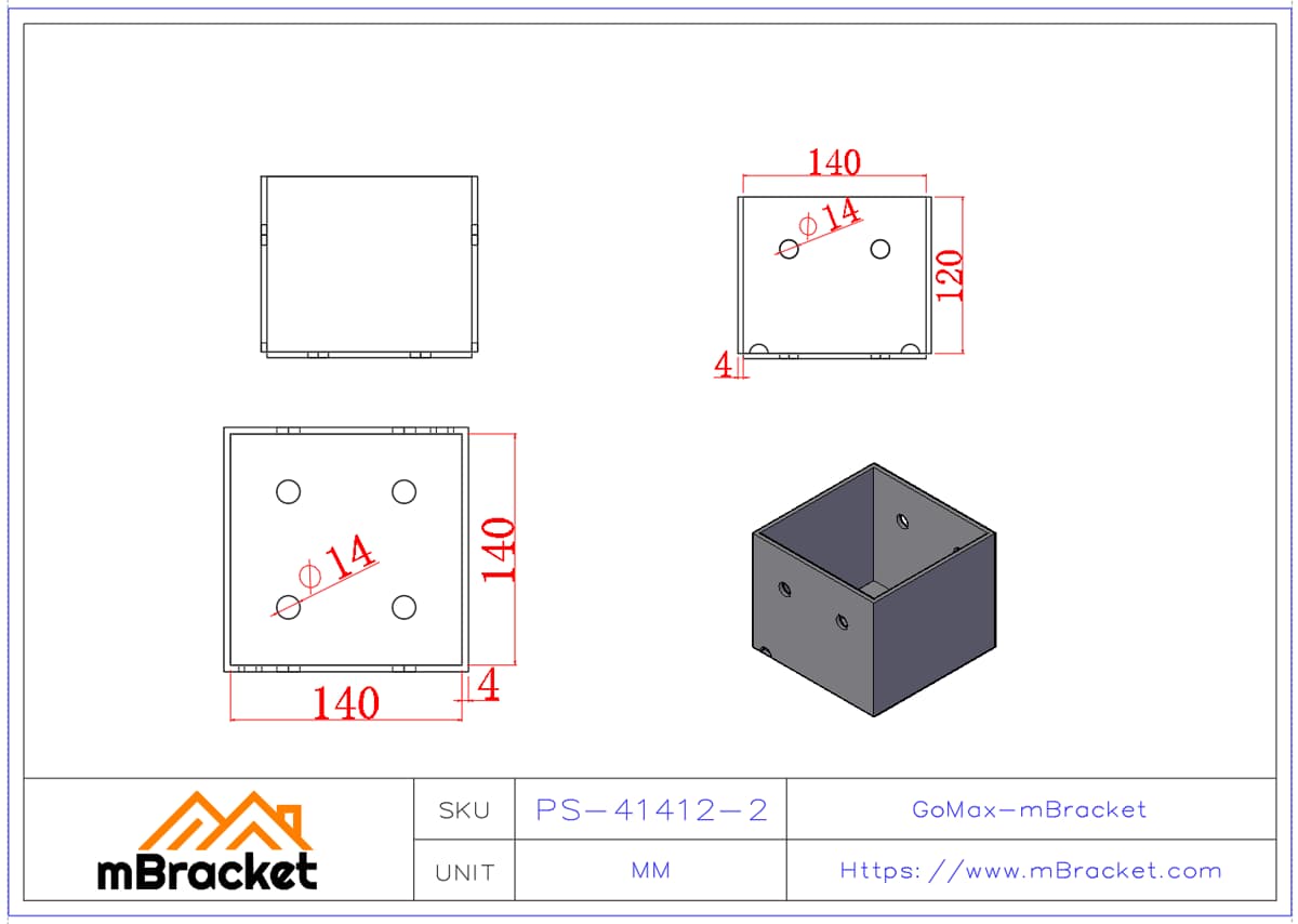 Square Post Base Connector, Column Base, Sleeve Connector - 4*140*140*120 Product Dimensions