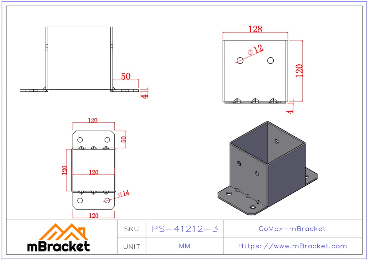 Square Post Base Connector, Column Base, Flared Post Base - 4*120*120*120 Product Dimensions