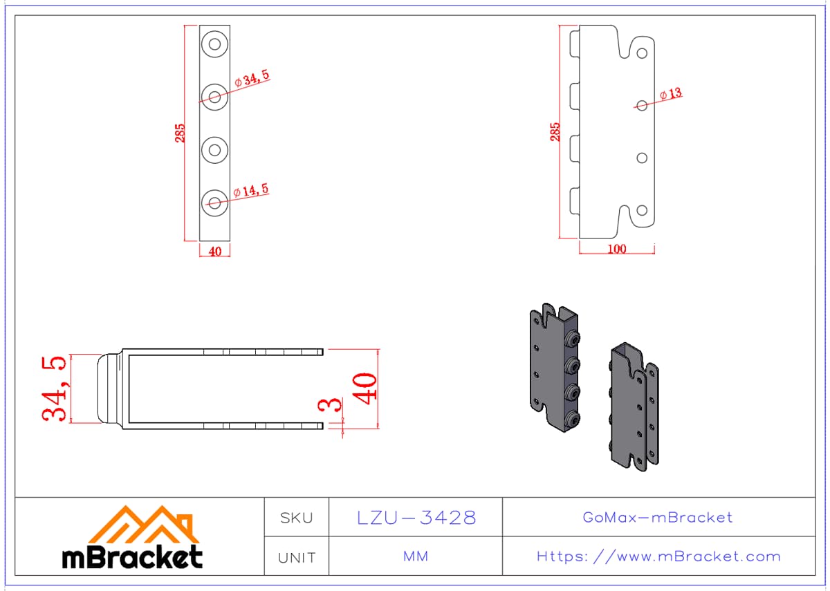 Beam-to-Column U-Shaped Concealed Connector, Japanese Style Beam-Column Connector - 3*40*285*100 Product Dimensions