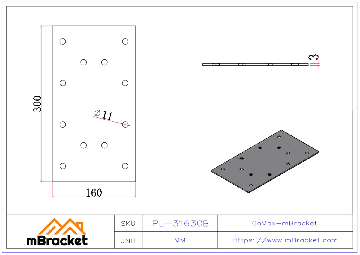 Flat Connector Plate, Nail Plate, Truss Connector, Timber Roof Metal Fittings - 3*160*300 Product Dimensions
