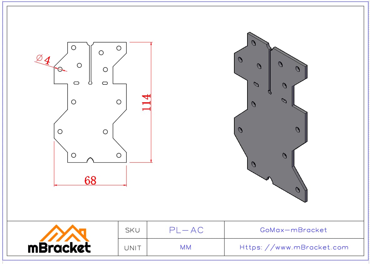 Flat Connector Plate for Timber Frame Houses - Metal Flat Tie - 2*68*114 Product Dimensions