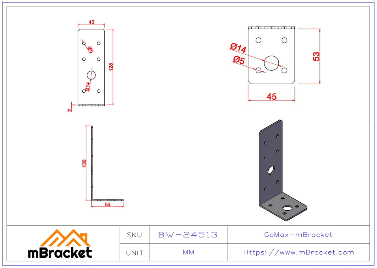 Light Duty Uplift Connector Light Steel Structure Reinforcement Hardware - 2*45*55*130 Product Dimensions