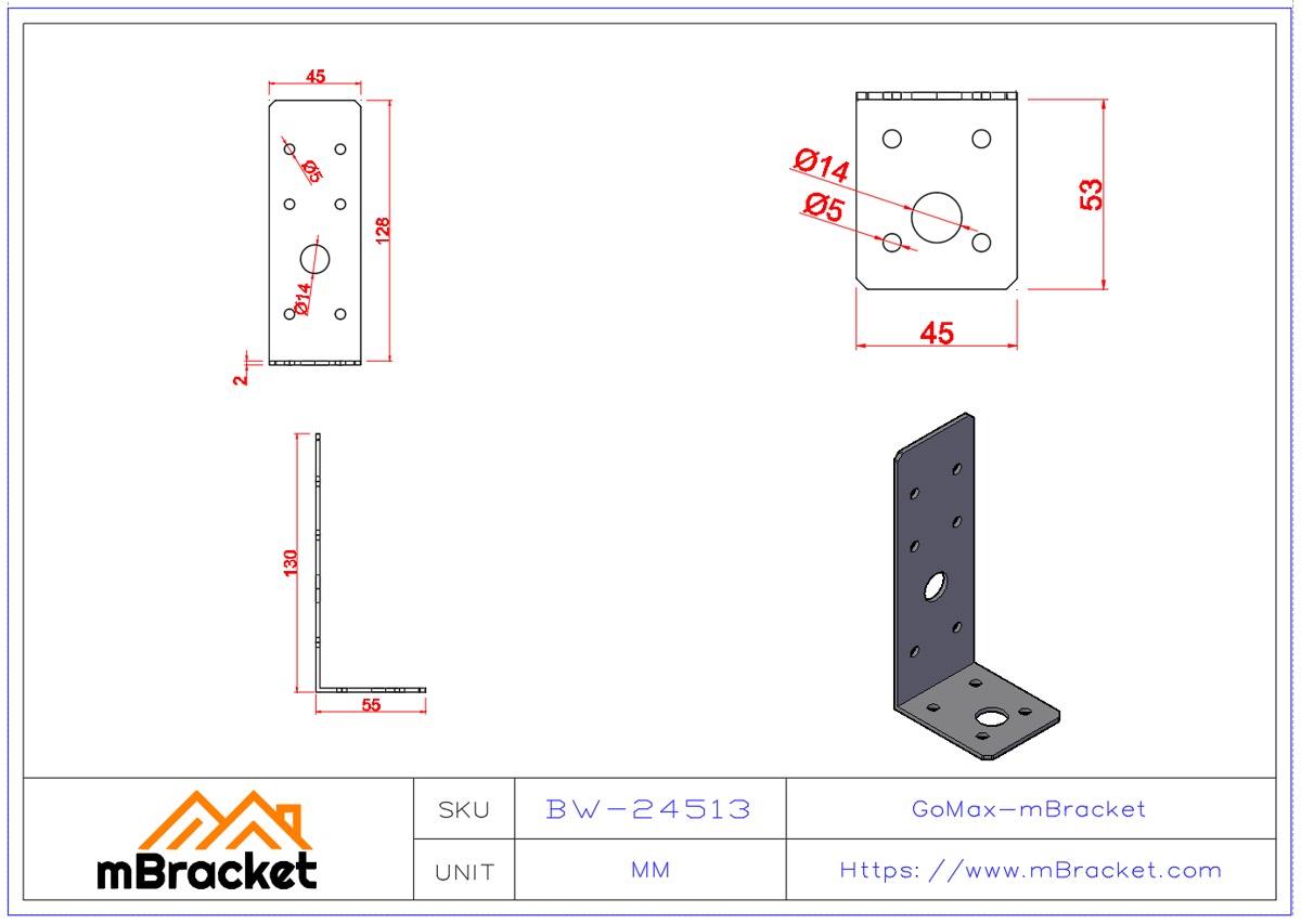 Light Duty Uplift Connector Light Steel Structure Reinforcement Hardware - 2*45*55*130 Product Dimensions