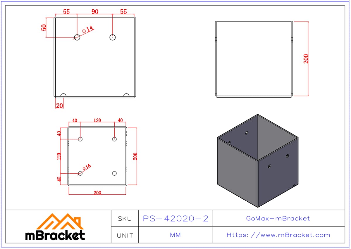 Square Column Base Connector, Post Base, Steel Column Base - 4*200*200*200 Product Dimensions