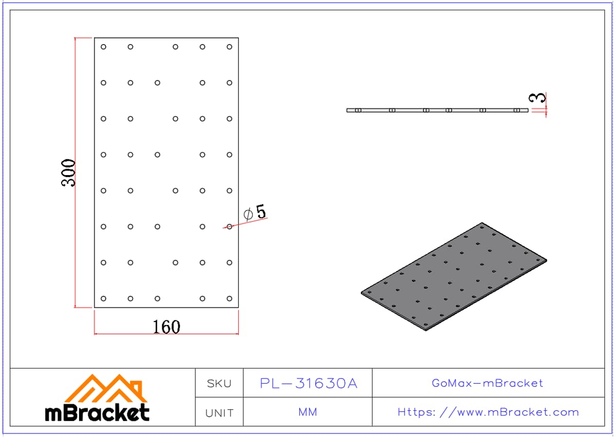 Flat Connector Plate, Nail Plate, Truss Connector, Wood Roof Metal Connector, 3mm Thick - 3*160*300 Product Dimensions