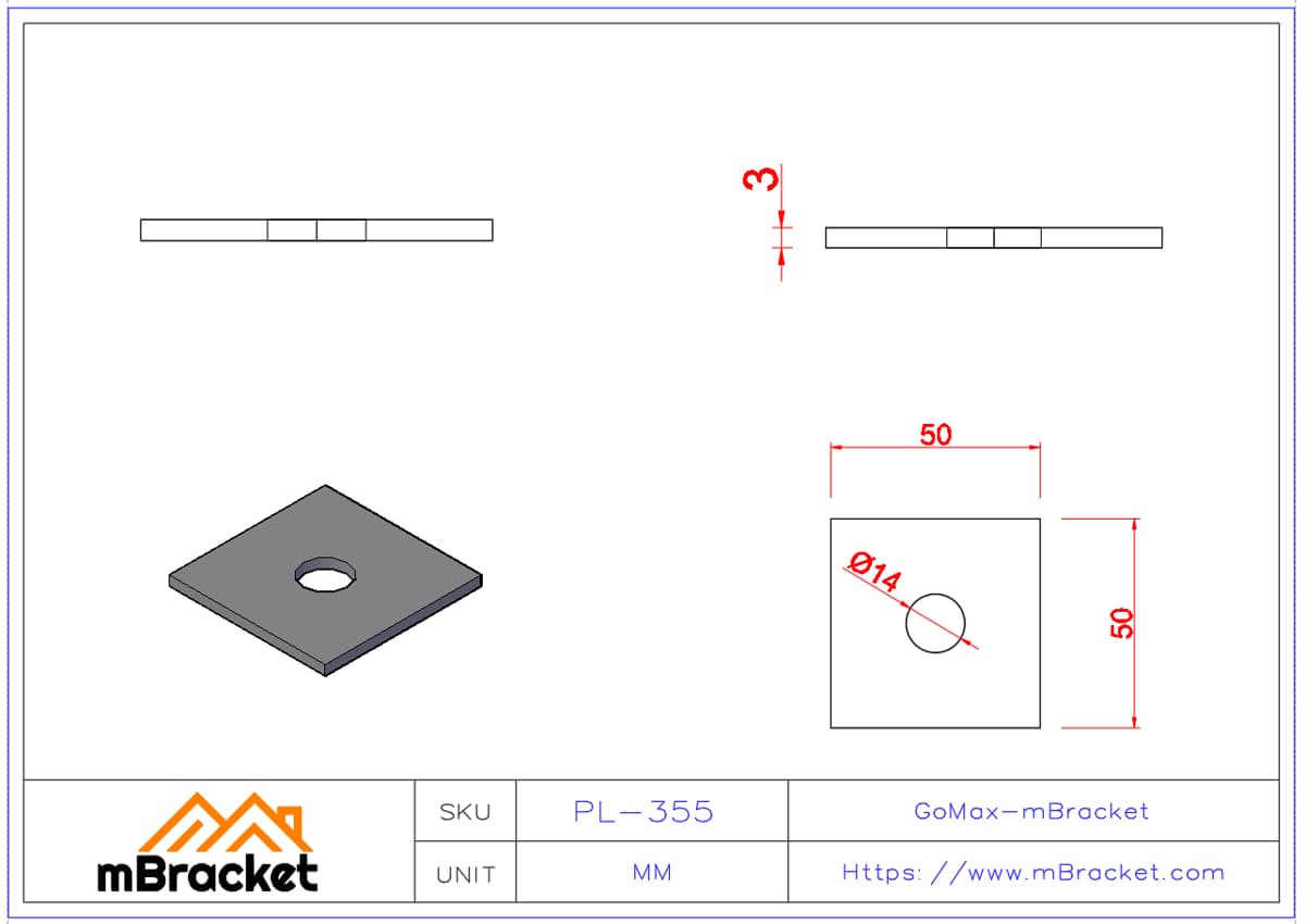 Square Flat Washer, Oversized Thick Washer, Building Hardware - 3*50*50 Product Dimensions