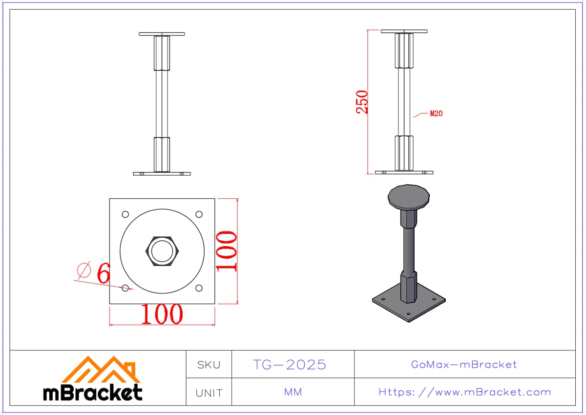 Adjustable Screw Jack / Leveling Screw / Telescopic Screw / Timber Connector - 20*250 Product Dimensions