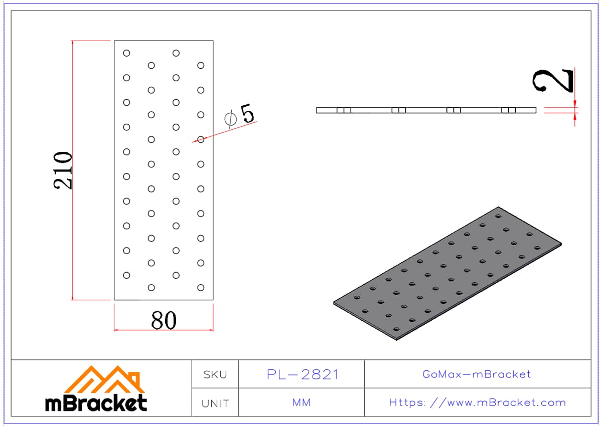 Nail Plate Connector / Flat Plate Connector / Timber Truss Connector / Light Steel Structure Connector - 2*80*210 Product Dimensions