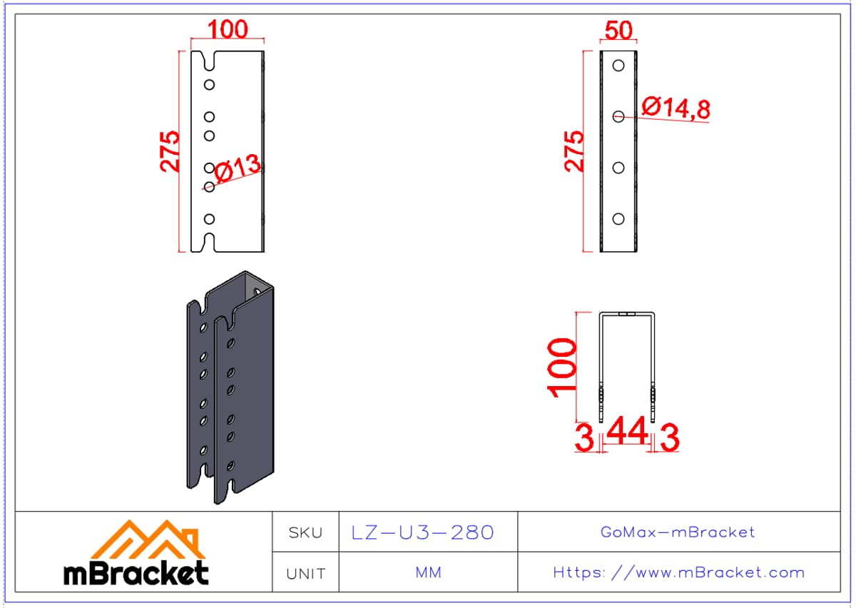Concealed U-Shaped Beam-to-Column Connector for Japanese Timber Structure - 3*50*275 Product Dimensions