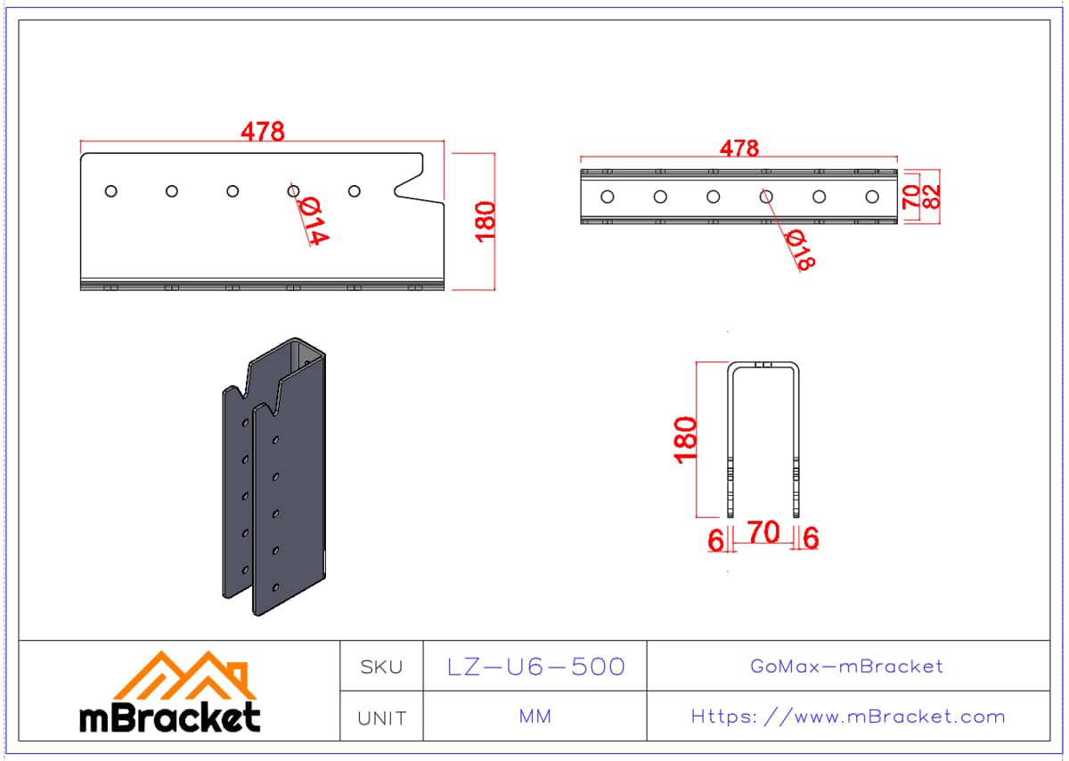 Concealed U-Shaped Beam-to-Column Connector for Japanese Timber Structure - 6*82*478 Product Dimensions